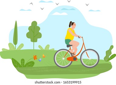 Flat drawn vector illustration - bicycle riding girl. Park, forest, trees and hills on background. Banner, site, poster template. Isolated objects.