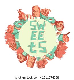 Flat drawn vector template with ice cream Hand drawn vector delicious ice-cream desserts concept. Flat stylized card design