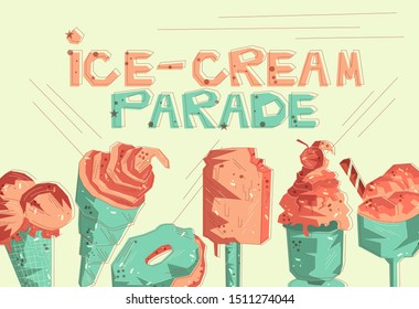 Flat drawn vector template with ice cream Hand drawn vector delicious ice-cream desserts concept. Flat stylized card design
