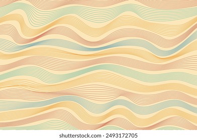 The flat drawn wavy lines colored groovy background features 70s-inspired abstract waves and vibrant colors. This retro vector design is perfect for posters, banners, and funky, psychedelic templates.