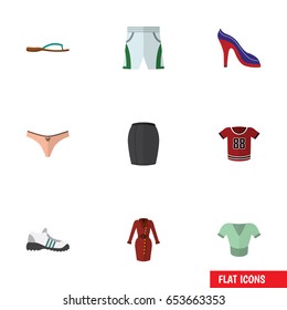 Flat Dress Set Of Beach Sandal, Casual, T-Shirt Vector Objects. Also Includes Panties, Blouse, Clothes Elements.