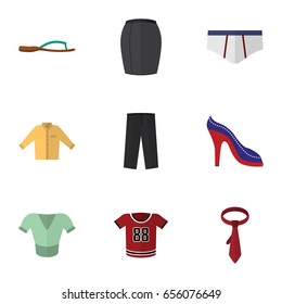 Flat Dress Set Of Beach Sandal, Underclothes, Stylish Apparel Vector Objects. Also Includes Blouse, Flip, Tie Elements.