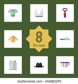 Flat Dress Set Of Beach Sandal, Singlet, Underclothes Vector Objects. Also Includes Briefs, Hat, Breast Elements.