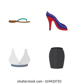 Flat Dress Set Of Brasserie, Beach Sandal, Heeled Shoe Vector Objects. Also Includes Shoes, Breast, Apparel Elements.