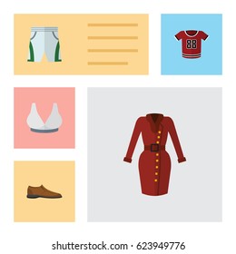 Flat Dress Set Of Brasserie, Clothes, Male Footware And Other Vector Objects. Also Includes Clothes, Shorts, Breast Elements.