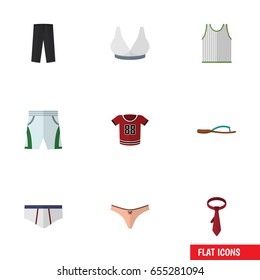 Flat Dress Set Of Brasserie, Singlet, Trunks Cloth And Other Vector Objects. Also Includes Briefs, Cravat, Underclothes Elements.