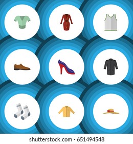 Flat Dress Set Of Casual, Elegant Headgear, Singlet And Other Vector Objects. Also Includes Shoes, Sleeveless, Hat Elements.