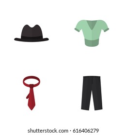 Flat Dress Set Of Cravat, Pants, Panama And Other Vector Objects. Also Includes Blouse, Clothes, Hat Elements.