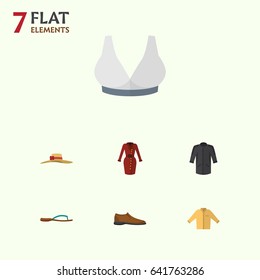 Flat Dress Set Of Elegant Headgear, Beach Sandal, Brasserie Vector Objects. Also Includes Woman, Dress, Uniform Elements.