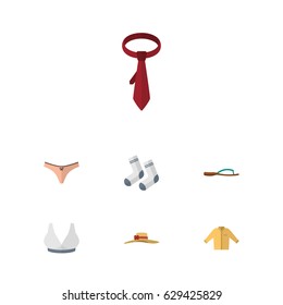 Flat Dress Set Of Foot Textile, Beach Sandal, Brasserie Vector Objects. Also Includes Woman, Textile, Underwear Elements.