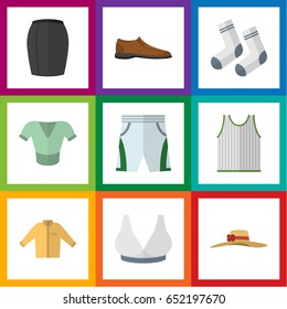 Flat Dress Set Of Foot Textile, Elegant Headgear, Male Footware And Other Vector Objects. Also Includes Sleeveless, Man, Cloth Elements.