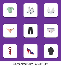 Flat Dress Set Of Heeled Shoe, Brasserie, Underclothes And Other Vector Objects. Also Includes Necktie, Sport, Shirt Elements.