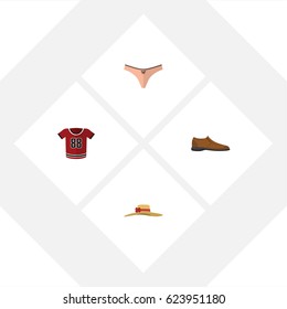 Flat Dress Set Of Male Footware, T-Shirt, Elegant Headgear And Other Vector Objects. Also Includes Headgear, Shoe, Man Elements.