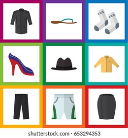 Flat Dress Set Of Panama, Foot Textile, Trunks Cloth And Other Vector Objects. Also Includes Leggings, Panama, Flip Elements.