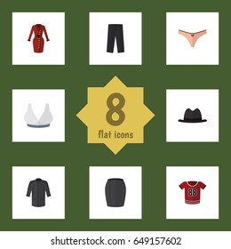 Flat Dress Set Of Panama, Pants, Lingerie And Other Vector Objects. Also Includes Garment, Breast, Bra Elements.