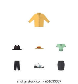 Flat Dress Set Of Pants, Stylish Apparel And Other Vector Objects. Also Includes Hat, Pants, Leggings Elements.