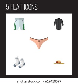 Flat Dress Set Of Trunks Cloth, Foot Textile, Elegant Headgear And Other Vector Objects. Also Includes Foot, Lingerie, Underwear Elements.