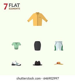Flat Dress Set Of Trunks Cloth, Elegant Headgear, Stylish Apparel And Other Vector Objects. Also Includes Sneakers, Shirt, Blouse Elements.