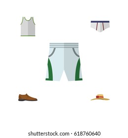 Flat Dress Set Of Underclothes, Male Footware, Singlet And Other Vector Objects. Also Includes Tank, Woman, Underwear Elements.