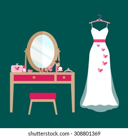 flat dressing table with cosmetics and wedding dress. vector illustration