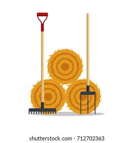 Flat dried haystack with hayfork and rake isolated on white background. Farming haymow bale hayloft vector illustration