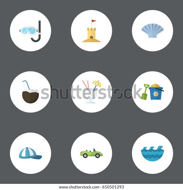Flat\
Drink, Sea, Car And Other Vector Elements. Set Of Summer Flat\
Symbols Also Includes Waves, Beach, Sand\
Objects.