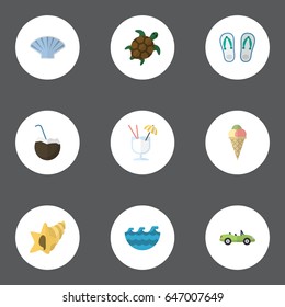 Flat Drink, Sorbet, Cocos And Other Vector Elements. Set Of Summer Flat Symbols Also Includes Alcohol, Slippers, Palm Objects.