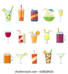 Flat drinks. Beverages in can, bottle and glass. Alcohol cocktail, soda and juice, water. Beer goblet, detox cup drinking product vector icons