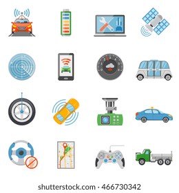 Flat driverless car autonomous vehicle icons set isolated on white background vector illustration