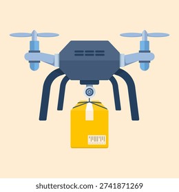 Flat drone carrying parcel in sky vector illustration. Aerial shipping, fast delivery service banner and e commerce logistics concept design.