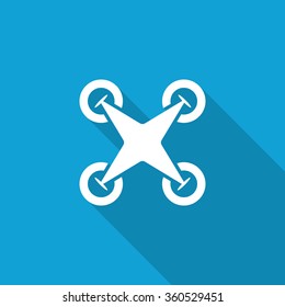 Flat Drone Quadrocopter icon with long shadow on blue backround