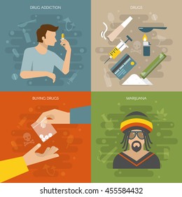 Flat Drugs Composition With Four Square Icon Set On Drug Addiction Buying Drugs Themes Vector Illustration