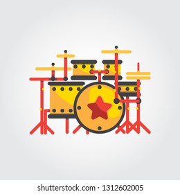 Flat drum set instrument with yellow color and red star logo. isolated with white background