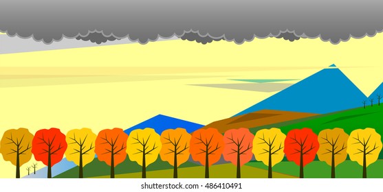 Flat dull autumn landscape, in vector format EPS 10. Bright autumn mountain.