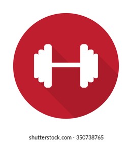 Flat Dumbbell icon with long shadow on red circle
