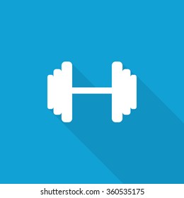 Flat Dumbbell icon with long shadow on blue backround