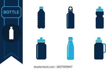 Flat duotone bottle icon set with six containers, water bottle, sports flask and canister with cap and handle in navy and sky blue. Clean minimal vector collection isolated on white background, perfect for hydration app, gym brand, outdoor store and packaging design project. Great for labels, web and print.