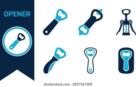 Flat duotone bottle opener icon set with six tools, cap opener, corkscrew and waiter friend with handle in navy and sky blue. Clean minimal vector collection isolated on white background, perfect for bar brand, pub sign, kitchenware shop and party supply store design. Great for labels, web and print.