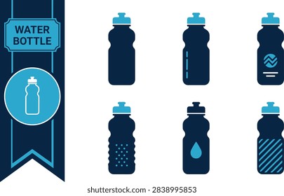 Flat duotone water bottle icon set with six flasks, sport bottle with cap and carry lid in navy and sky blue, minimal style. Clean vector collection isolated on white background, great for gym brand, hydration campaign, outdoor catalog and fitness design. Great for labels, web and print. Suitable for logos, posters and packaging.