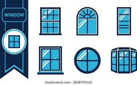 Flat duotone window icon sheet with six frames, arch, round and bay window with glass pane in navy and sky blue. Clean minimal vector collection isolated on white background, ideal for architecture firm, home brand, interior catalog and facade design. Great for labels, web and print. Suitable for logos, posters and packaging.