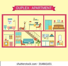 Flat Duplex Apartment In Cut. Vector Illustration 