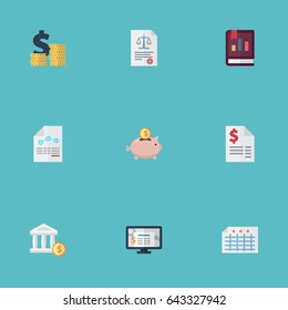 Flat Duty, Bank, Sheet And Other Vector Elements. Set Of Registration Flat Symbols Also Includes Tax, Rule, Moneybox Objects.