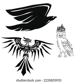 flat eagle owl phoenix colllection set isolated on white. vector illustration