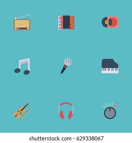 Flat Earphone, Knob, Tone Symbol And Other Vector Elements. Set Of Melody Flat Symbols Also Includes Violin, Retro, Volume Objects.