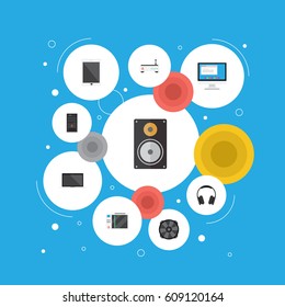 Flat Earphones, Display, Slot Machine And Other Vector Elements. Set Of Notebook Flat Symbols Also Includes Unit, Notebook, Laptop Objects.
