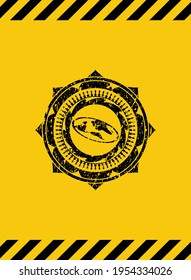 flaches Erdensymbol, schwarzes Grunge-Emblem mit gelbem Hintergrund. Vektorgrafik. Detaillierte Angaben. 