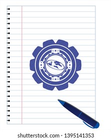 flat earth icon emblem with pen effect. Blue ink. Vector Illustration. Detailed.