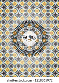 flat earth icon inside arabesque emblem background. arabic decoration.
