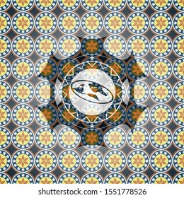 flat earth icon inside arabesque badge background. arabic decoration.