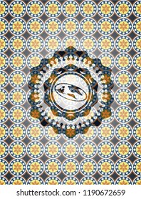 flat earth icon inside arabic style emblem. Arabesque decoration.